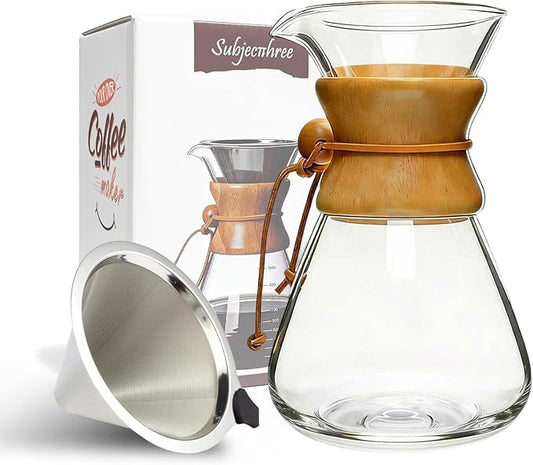 subjectthree Glass Coffee Maker Pour Over Coffee Dripper Set with 304 Stainless Reusable Filter for Camping,Office,Cafes,Home Use,Barista Kit 6/8/10 Cup Easy Clean(34 Ounce Curved)