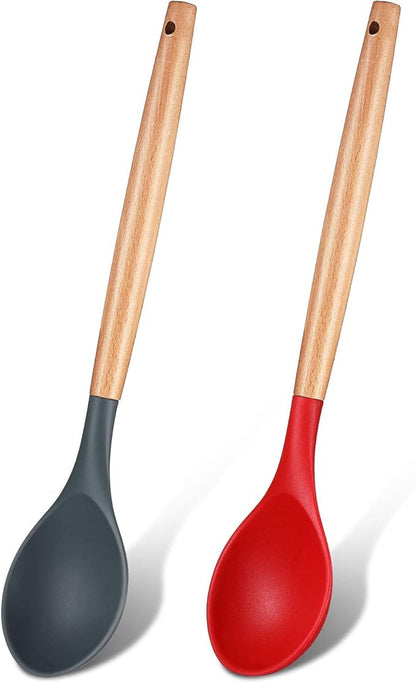 Patelai 2 Pcs Silicone Nonstick Cooking Spoon 12.4" Large Wooden Handle Mixing Spoon Heat Resistant Utensil Spoons for Kitchen Baking, Mixing, Serving and Stirring(Red, Gray)