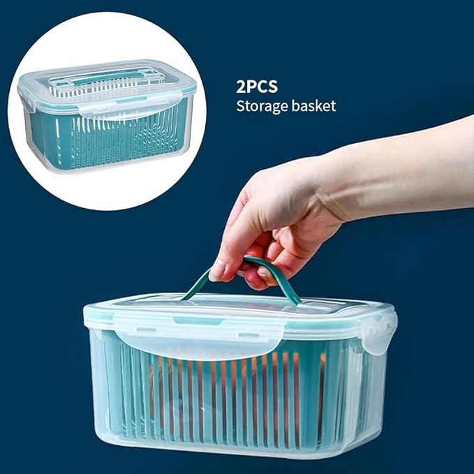 2 Pack Fruit Storage Containers for Fridge,Stackable Fresh Food Produce Saver Containers with Removable Colander, Vegetable Lettuce Keeper Bowl(Blue)