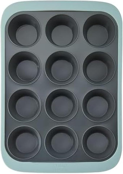 Chicago Metallic 12-Cup Silicone Muffin Pan, Blue - Nonstick Cupcake Baking Pan with Wire-Reinforced Rim, Oven Safe to 428F, Dishwasher Safe, 14.6 x 10.43 Inches