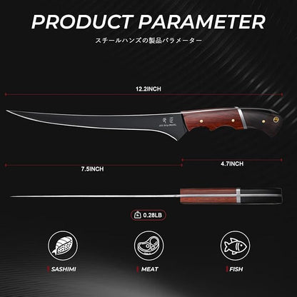 DRGSKL Fish Fillet Knife 7inch - Black Meat Slicing Knife in High Carbon Steel, Boning Knives for Meat Poultry Chicken Trimming, Fish Knives with Wooden Handle, Gift for Men