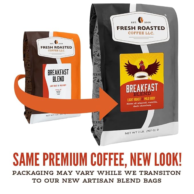 Fresh Roasted Coffee, Breakfast Blend Whole Bean Coffee, Light Roast, Kosher, 2 lb (32 oz)
