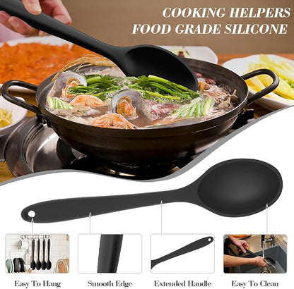 Silicone Spoons for Cooking, 4 Pcs Large Serving Spoons 10.8" Nonstick Heat Resistant Cooking Spoons Utensils Mixing Kitchen Spoon for Cooking, Baking, Serving, Mixing and Stirring, Black