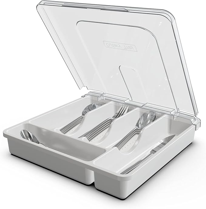 Silverware Organizer with Cover, Portable Cutlery Holder Flatware Tray with Lid Plastic Silverware Storage Box (White)
