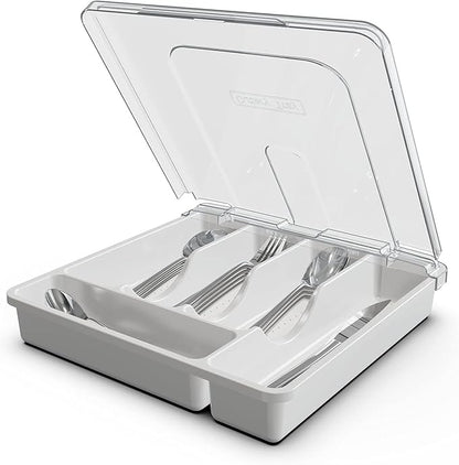 Silverware Organizer with Cover, Portable Cutlery Holder Flatware Tray with Lid Plastic Silverware Storage Box (White)