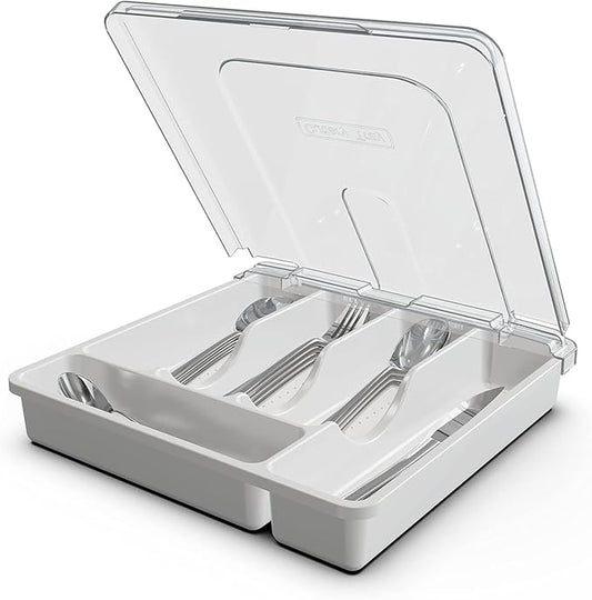 Silverware Organizer with Cover, Portable Cutlery Holder Flatware Tray with Lid Plastic Silverware Storage Box (White)