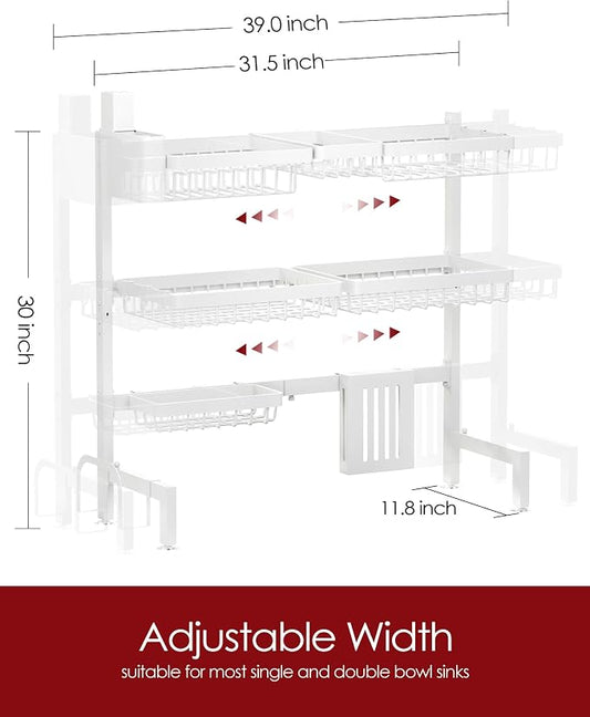 Sakugi Dish Drying Rack - Over The Sink Dish Drainer Drying Rack with Utensil & Knife Holder, Hooks, Stainless Steel Kitchen Organizers and Storage Solution, 11.8" D x 31.5"~39.0''W x 30" H, White