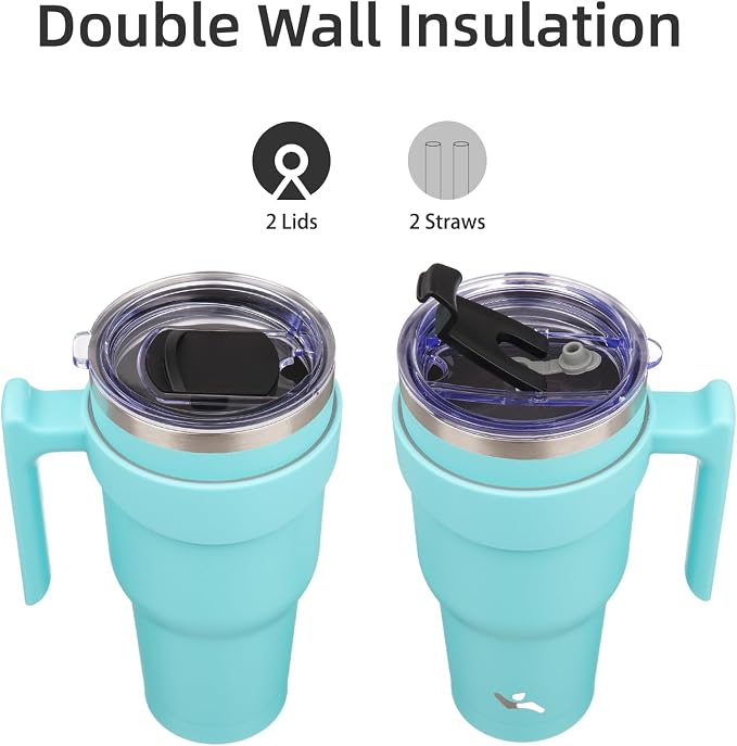 Konokyo 30 oz Tumbler with Handle and 2 Straw 2 Lid, Insulated Water Bottle Stainless Steel Vacuum Cup Reusable Travel Mug,Turquoise