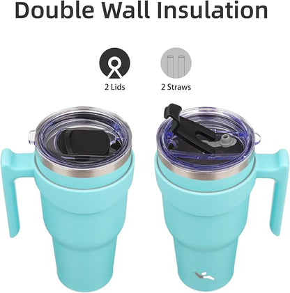 Konokyo 30 oz Tumbler with Handle and 2 Straw 2 Lid, Insulated Water Bottle Stainless Steel Vacuum Cup Reusable Travel Mug,Turquoise
