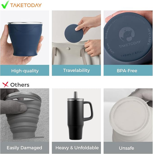 TakeToday 2PCS Collapsible Travel Cup 8 oz - Silicone Foldable Water Cup, BPA-Free with Lid & Waterproof Bag - Drinking Cup Set for Camping, Outdoors & International Travel（ Navy & Dark Green）