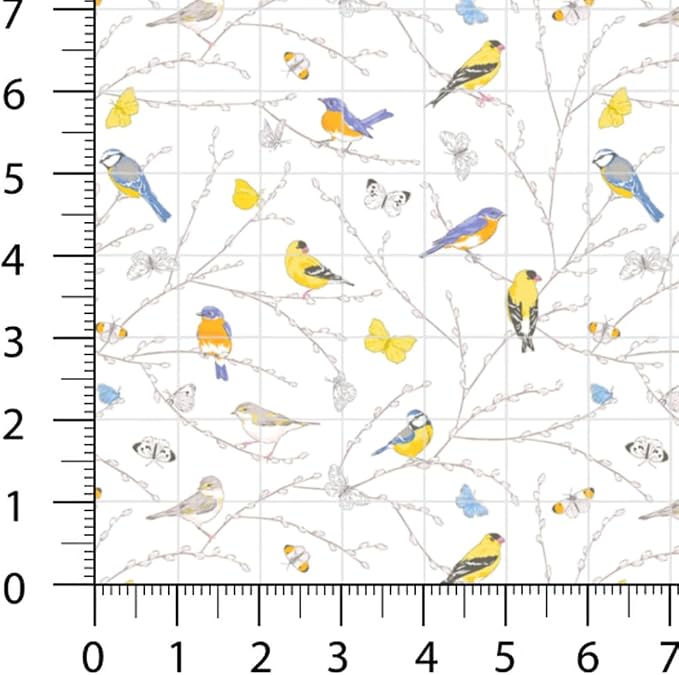 Patchwork Fabric Panel 100x155 cm, 100% Cotton Satin, 6 Coordinated Spring Floral & Bird Patterns, Soft Green Pastel Quilting & Sewing Fabric (Spring Garden, 6pcs 50x50cm)