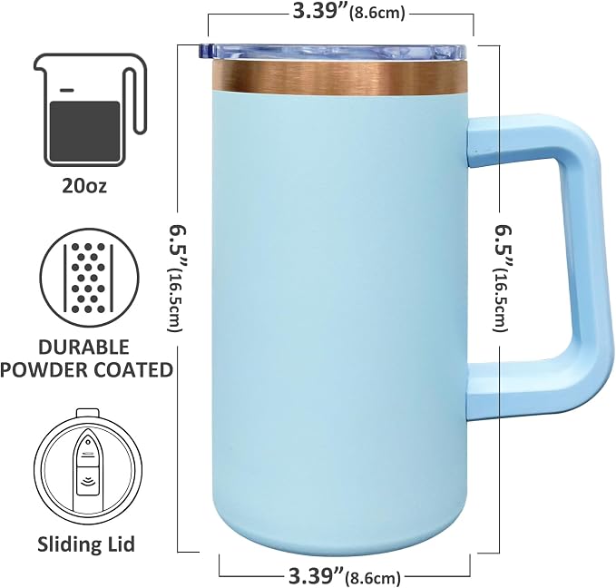 20 oz Insulated Coffee Mug with Lid, Stainless Steel Coffee Tumbler Bulk, Double Wall Vacuum Travel Mug with Handle, Leakproof Powder Coated Coffee Cups for Hot and Cold Drinks (Sky Blue,4 pack)