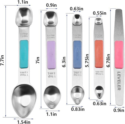 Stainless Steel Magnetic Measuring Spoons Set, Heavy Duty Metal Kitchen Gadgets for Baking & Cooking, Fits in Most Kitchen Spice Jars, Set of 4 with Leveler (Multicolor)