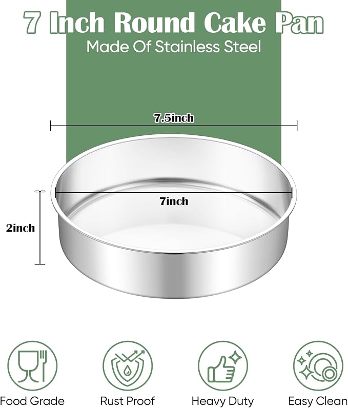 TeamFar 7 Inch Cake Pan Set of 3, Stainless Steel Round Layer Cake Baking Pans Tins for Birthday Wedding, Non-Toxic & Heavy-Duty, Mirror Finish & Leak Proof, Oven & Dishwasher Safe