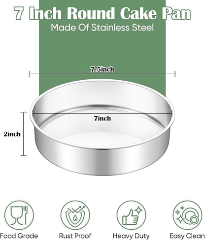 TeamFar 7 Inch Cake Pan Set of 3, Stainless Steel Round Layer Cake Baking Pans Tins for Birthday Wedding, Non-Toxic & Heavy-Duty, Mirror Finish & Leak Proof, Oven & Dishwasher Safe