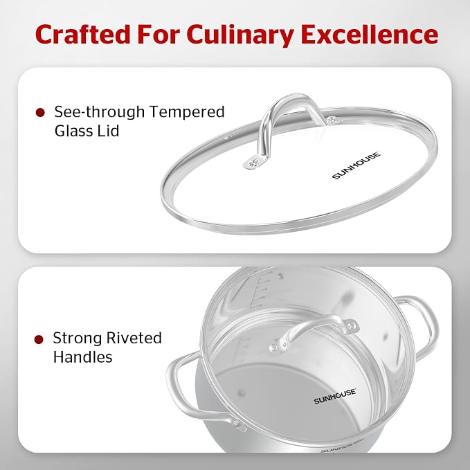 Sunhouse Stock Pot with Lid - 16 QT Large Pot for Cooking Pasta, Soup, Spaghetti - Impact Bonding Base Big Stainless Steel Pots for Canning, Boiling - Oven Safe & Induction Compatible Cookware