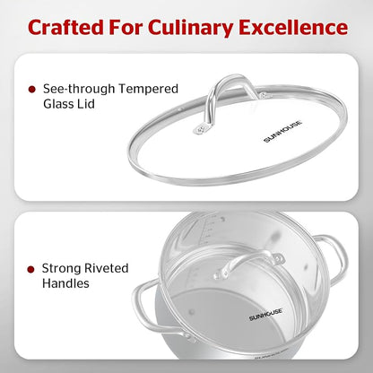 Sunhouse Stock Pot with Lid - 16 QT Large Pot for Cooking Pasta, Soup, Spaghetti - Impact Bonding Base Big Stainless Steel Pots for Canning, Boiling - Oven Safe & Induction Compatible Cookware