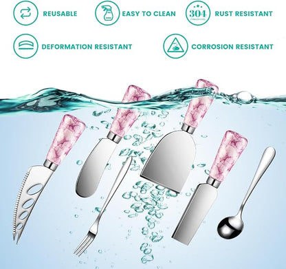 Marble Pink Cheese Knife Set, Ceramic Handle Charcuterie Board Accessories - Butter Spreader, Cheese Slicer, Serving Tongs, Spoons, Forks, Flags, Wooden Honey Dipper