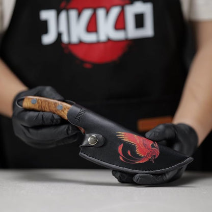 Jikko Japanese Knife Phoenix Edition Chef’s Knife, classic silhouette revisited: Forged & Hammered Blade, Black Titanium-Nitride Matte, Handcrafted Olive Wood & Resin Handle