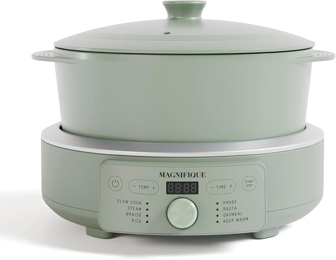 MAGNIFIQUE Slow Cooker, 4.5 Quart 8-in-1 Clay Pot Multi-Cooker, Non-Toxic Slow Cooker with Removable Clay Pot, for Rice, Pasta, Steam & Proof, Nonstick, Oven Safe Pot to 500°F, Olive