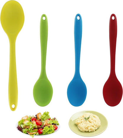 Zorfeter 4 Pcs Small Silicone Spoons, Nonstick Kitchen Spoon Heat Resistant Stirring Serving Spoon for Kitchen Cooking Baking Mixing Tools(Red+Green+Yellow+Blue)