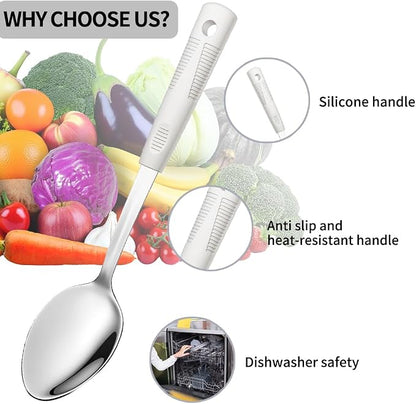 Metal Serving Spoons Set, Large Serving Spoons with Silicone Handles, Stainless Steel Serving Spoon, Slotted Spoon & Soup Ladle Set for Buffet and Home Kitchen (Beige)
