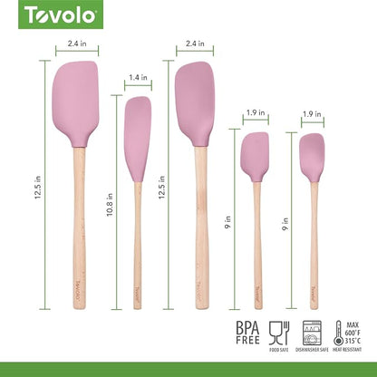 Tovolo Silicone Spatula with Wooden Handle Set of 5 Piece Silicone Kitchen Utensil Set Spoonula Jar Scraper Mini Spatula and Spoonula for Cooking Baking Mixing Folding Pink Sorbet