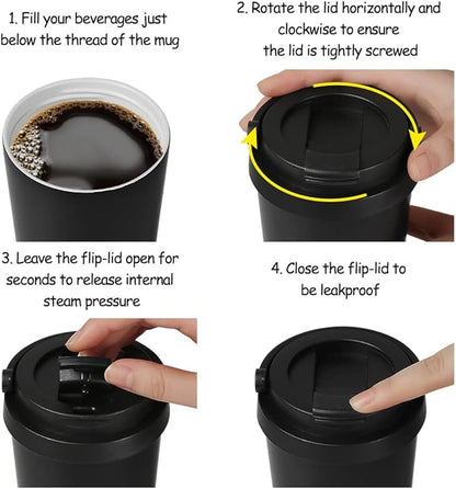 Funkrin Coffee Travel Mug with Flip Lid, 16oz Insulated Tumbler Cup with Ceramic Coating, Double Wall Vacuum Leak-Proof Tumbler for Office School Party Camping