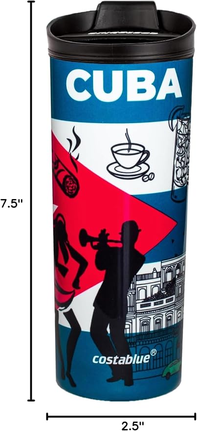 Cuba Vacuum Insulated Stainless Steel Thermal Travel Mug, 16 oz, Easy Clean, Flip leak Proof Lid Cuba Flag with Icons from Cuba…
