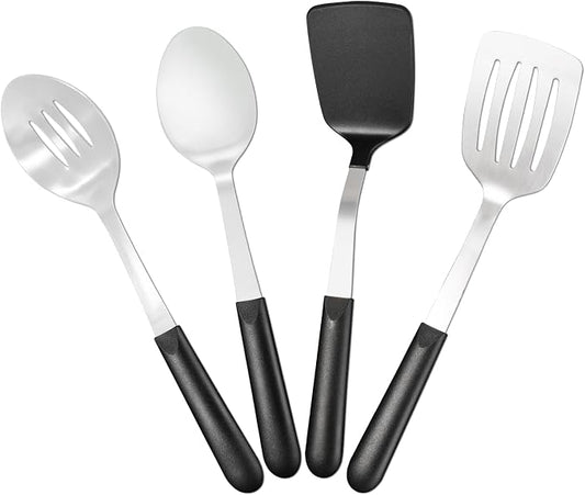 4 Pcs Cooking Utensils Set, Stainless Steel Kitchen Utensils, Heat Resistant Metal Kitchen Tools Include Solid, Slotted Turner, Serving Spoon, Non-Stick Wok Spatula, Dishwasher Safe, Silver