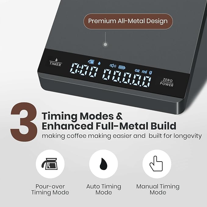 Maestri House S1 Mini Espresso Coffee Scale with Timer, Rechargeable 2kg/0.1g Precision Shot Scale for Espresso Brewing, Portable Digital Coffee Scale with Automatic Timing, Metal Finish-Space Grey