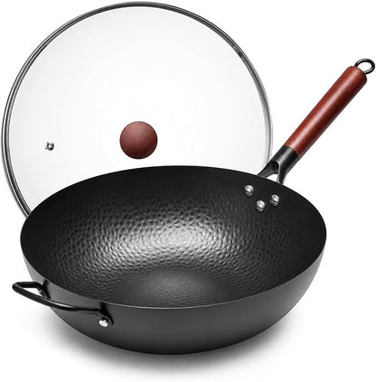 WANGYUANJI 13.4"(34cm) Carbon Steel Wok Pan with Lid,Large Flat Bottom Stir Fry Pan for Electric,Induction & Glass Top Stoves, High Stability No-Wobble Design, Lightweight Chinese Cookware, 4-6 People