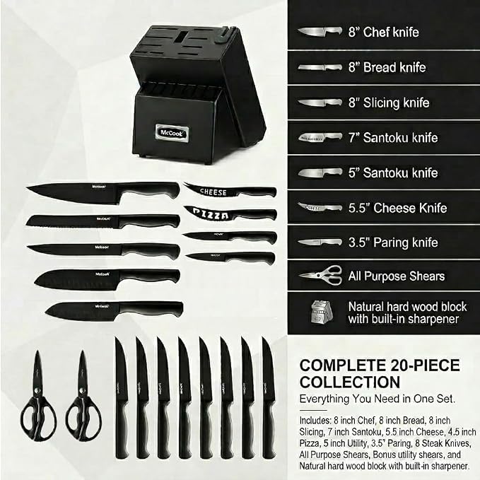 McCook® Premium Black Knife Sets,German Stainless Steel Kitchen Knives Block Set with Built-in Sharpener, 20-Piece Razor-Sharp Kitchen Knives with Ergonomic Handles, Elegant Box for Gift, Black