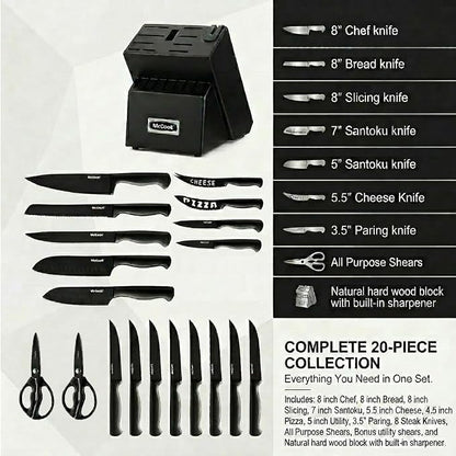 McCook® Premium Black Knife Sets,German Stainless Steel Kitchen Knives Block Set with Built-in Sharpener, 20-Piece Razor-Sharp Kitchen Knives with Ergonomic Handles, Elegant Box for Gift, Black