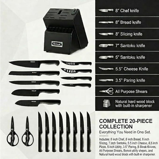 McCook® Premium Black Knife Sets,German Stainless Steel Kitchen Knives Block Set with Built-in Sharpener, 20-Piece Razor-Sharp Kitchen Knives with Ergonomic Handles, Elegant Box for Gift, Black