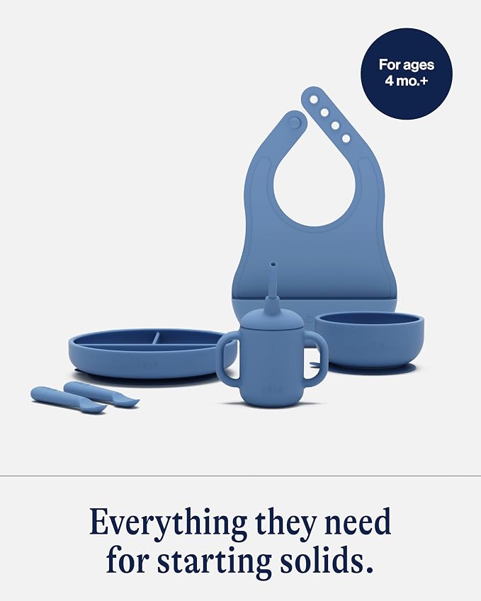 Lalo First Bites Silicone Baby Feeding Set - Baby Led Weaning Supplies - Non-Toxic Silicone - Includes 1 Bib, 2 Spoons, Training Cup, Suction Plate and Bowl - 6 Pieces - Blueberry
