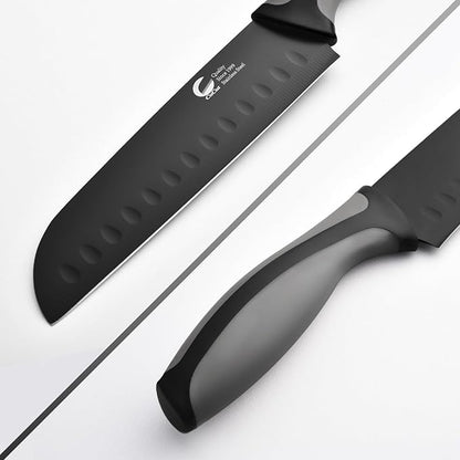 Kitchen Knife, 3-Pcs Black Knives Set with Multifunctional Kitchen Scissors, 6'' Santoku and 4'' Paring Knife for Chef Paring Cutting Slicing Dishwasher Safe (Anti-Slip Handle)