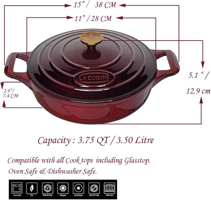 La Cuisine Enameled Cast Iron Braiser Shallow Dutch Oven Braising Sauté Pan 3.75 QT 11" Dia. Internal Matt Black Enamel Coating, Cranberry, Golden Lid Knob, Oven Safe, Induction Cooktop Compatible