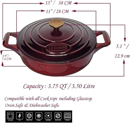 La Cuisine Enameled Cast Iron Braiser Shallow Dutch Oven Braising Sauté Pan 3.75 QT 11" Dia. Internal Matt Black Enamel Coating, Cranberry, Golden Lid Knob, Oven Safe, Induction Cooktop Compatible