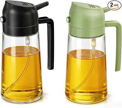 Aovdy Oil Sprayer for Cooking 16oz,2 in 1 Olive Oil Dispenser and Oil Sprayer - 470ml Olive Bottle Spray and Pour - Glass Oil Dispenser for Kitchen Cooking Salad BBQ (2PCS-Black & Green)