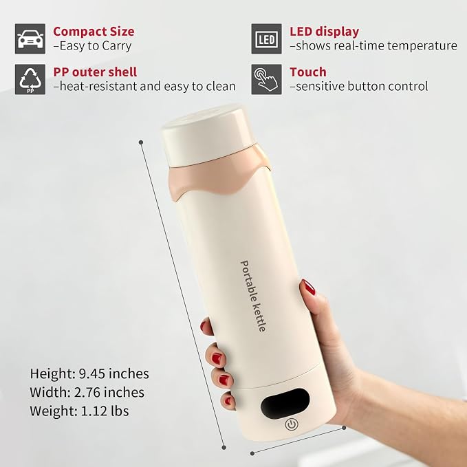 Insulated Stainless Steel Electric Kettle Small, Smart Water Bottle with 4 Temperature Control, Leak-Proof, Mini Travel Essentials Portable Office Gifts for Tea Lovers, Cream