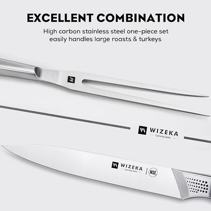 WIZEKA 8-inch Turkey Carving Knife Set 2 PCS,Stainless Steel Carving Knife and Fork Set,Extremely Sharp and Pointed Carving Sets for Meat with Gift Box
