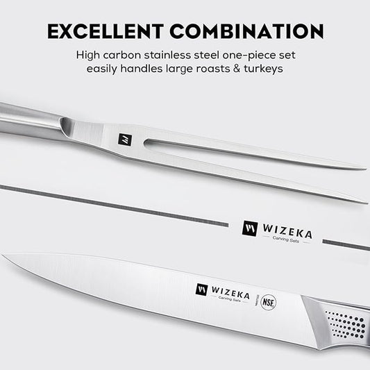 WIZEKA 8-inch Turkey Carving Knife Set 2 PCS,Stainless Steel Carving Knife and Fork Set,Extremely Sharp and Pointed Carving Sets for Meat with Gift Box