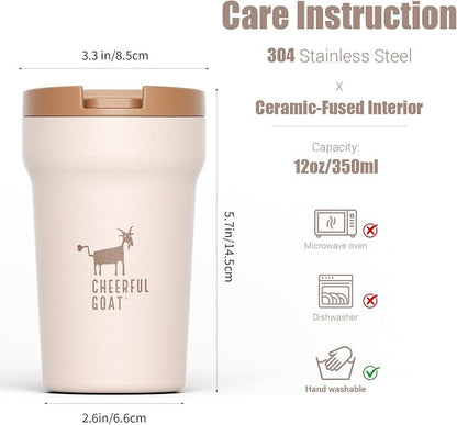 CHEERFUL GOAT Ceramic Lined Coffee Mug – Stainless Steel Travel insulated Tumbler with Ceramic Liner, with lid 12oz Leak Proof Cup for Hot and Cold Water Coffee at Home, Office, or In the Car (Coffee)