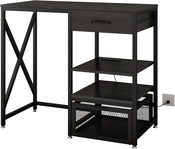 METYERRY Kitchen Bakers Rack with Power Outlet, Microwave Stand with Drawer, Mini Fridge Stand with Adjustable Shelves,Mini Fridge Cabinet Suitable for Dining Room, Dorm,Home, Black