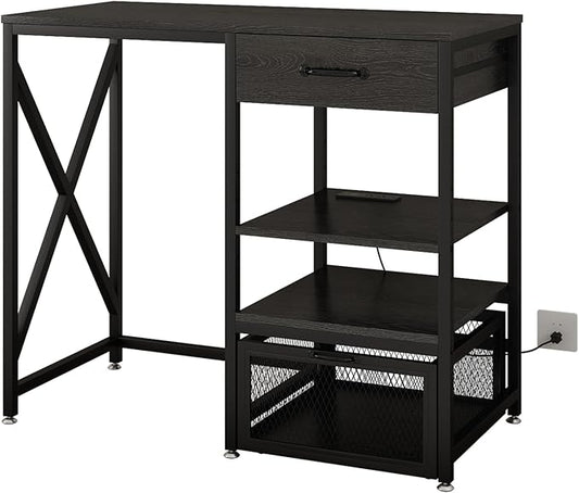 METYERRY Kitchen Bakers Rack with Power Outlet, Microwave Stand with Drawer, Mini Fridge Stand with Adjustable Shelves,Mini Fridge Cabinet Suitable for Dining Room, Dorm,Home, Black