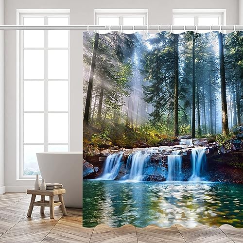 Waterfalls Shower Curtains Outdoor Natural Scenery Forest Sunshine Tree Plant Landscape Courtyard Bathroom Decor Polyester Fabric Curtain Set 60 x 70 Inch with Hooks