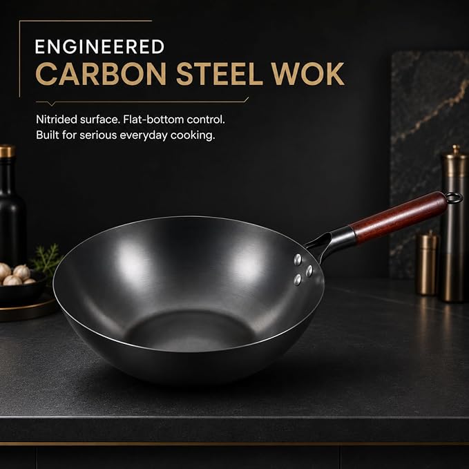 Calmabode 12” Flat Bottom Carbon Steel Wok with Glass Lid | Pre-seasoned nitrided carbon steel, amber glass lid, even heat base, ideal for wok hei, stir-fry and family meals