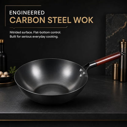 Calmabode 12” Flat Bottom Carbon Steel Wok with Glass Lid | Pre-seasoned nitrided carbon steel, amber glass lid, even heat base, ideal for wok hei, stir-fry and family meals
