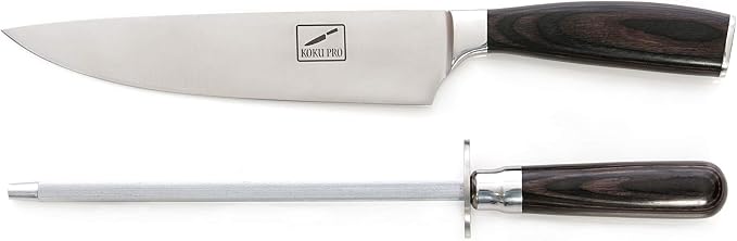 Japanese Knife - Super Sharp 8” Chef Knife - High Carbon Stainless Steel Kitchen Knife - Also Includes: Knife Sharpener, Pair of Kevlar (Cut-Resistant ) Gloves MEDIUM & Bag, Plus Storage Box